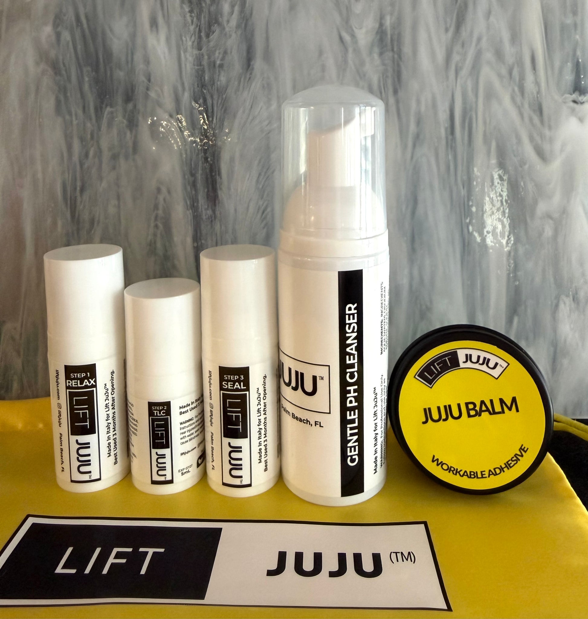 Lift JuJu Full Kit for keratin cysteamine lash lifting and brow lamination with Step 1–3 and JuJu Balm on yellow background
