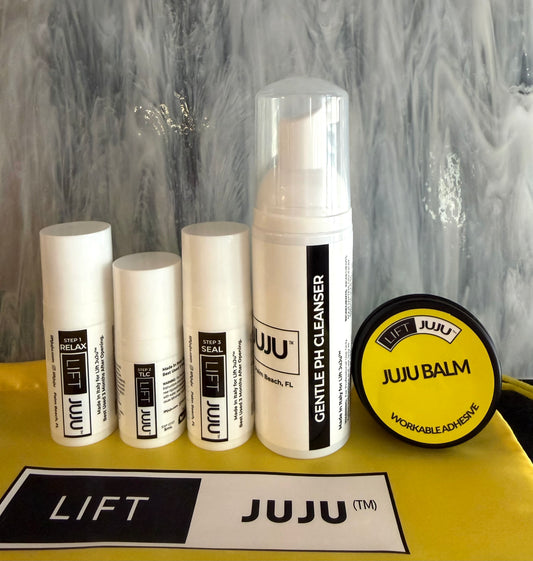 Lift JuJu Full Kit for keratin cysteamine lash lifting and brow lamination with Step 1–3 and JuJu Balm on yellow background